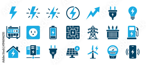 Blue and dark blue electricity icon set featuring symbols for power, energy, charging, and generation like lightning bolts, plugs, batteries, and renewable sources
