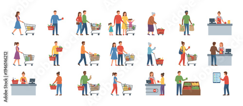 Diverse set of people shopping for groceries in a supermarket, including families and seniors pushing carts, carrying baskets, and paying at the checkout counter
