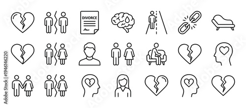 Set of thin line icons representing divorce, separation, and relationship breakdown with symbols for heartbreak, conflict, therapy, and mental health, presented in a minimalist vector style