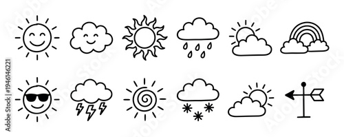 Set of hand drawn weather icons in a simple doodle style showing various meteorological conditions like sun, clouds, rain, snow, storm, rainbow, and wind direction