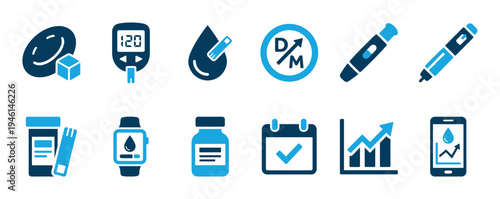 Set of blue diabetes management icons showing a glucometer, insulin pen, blood sugar test, and monitoring devices for healthcare and medical concepts in a flat, minimalist style