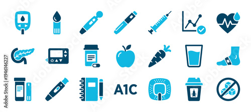 Collection of blue diabetes management icons showing a glucometer, insulin pen, syringe, test strips, and healthy lifestyle symbols for medical and healthcare awareness