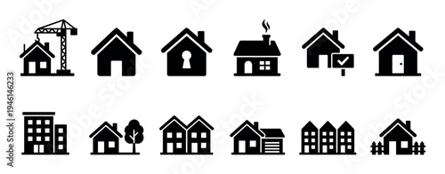 Collection of black house and building icons representing various real estate and property concepts like construction, home ownership, suburban living, and city apartments