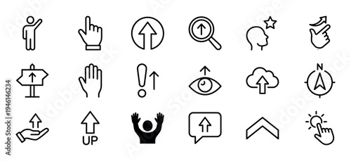 Collection of black thin line icons representing upward movement, growth, and direction for user interface design and business concepts, including arrows, hands, and navigation symbols