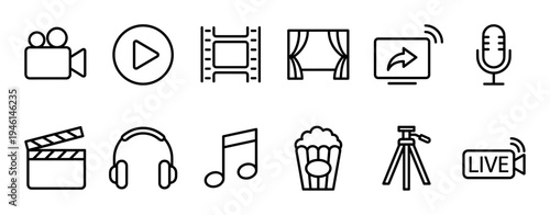 Set of twelve black line art icons for media and entertainment including a camera, play button, film strip, microphone, and popcorn for multimedia concepts and user interface design