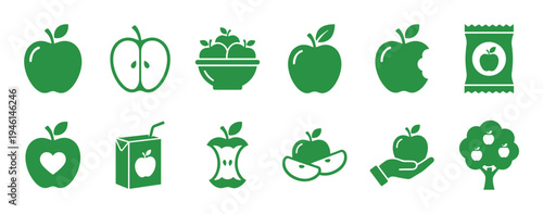 Set of twelve green apple glyph icons for food and nutrition concepts, featuring a whole fruit, bitten apple, core, slices, juice box, and an apple tree symbol