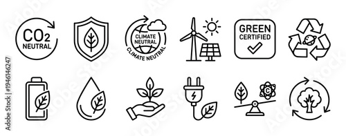 Set of eco friendly and sustainability icons representing green energy, climate neutral concepts, and environmental protection in a clean minimalist black line art style