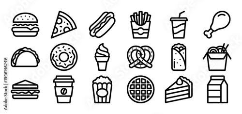 Set of black line fast food icons featuring a burger, pizza, hot dog, fries, soda, and donut in a simple, minimalist graphic style for menu design elements and pictograms
