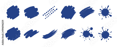 Blue grunge paint strokes and ink splatters collection with twelve different hand-drawn shapes, including abstract brush daubs and artistic texture elements