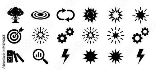 Set of black minimalist icons representing impact, explosion, and targets, with symbols for goals, chain reactions, analysis, energy, and settings in a clean, flat vector style