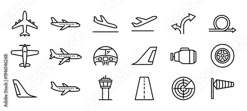 Aviation and airport themed line icon set featuring airplanes, control tower, runway, radar, and aircraft parts in a simple, minimalist black and white outline vector style
