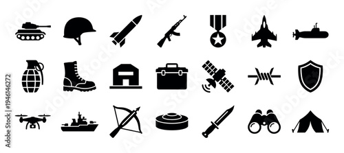 Collection of black military and army glyph icons showing various warfare equipment like a tank, helmet, missile, rifle, jet, submarine, grenade, and combat boot