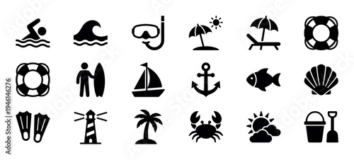 Set of black solid glyph icons for summer vacation, beach holidays, and sea travel, featuring symbols for swimming, surfing, sailing, and marine animals