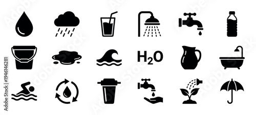 Collection of black water icons representing various forms and uses like drinking, rain, washing, and swimming, presented in a clean, minimalist glyph style for universal symbols