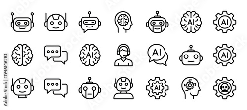 Large set of black line icons representing artificial intelligence, including robot heads, human brains, chatbots, and machine learning concepts in a minimalist vector style