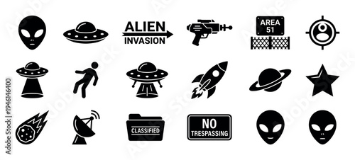 Collection of black silhouette glyph icons representing alien invasion, UFOs, space exploration, extraterrestrial life, and popular conspiracy theory symbols