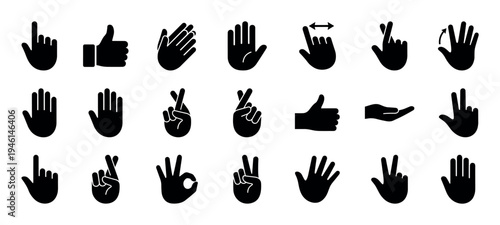 Set of black silhouette hand gesture icons showing various signs like thumbs up, pointing, ok, peace, and fingers crossed for user interface design and communication concepts