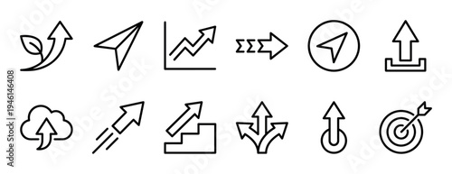 Set of black line art arrow icons representing various concepts like growth, direction, success, and navigation, including a target, graph, and cloud symbol for business presentations