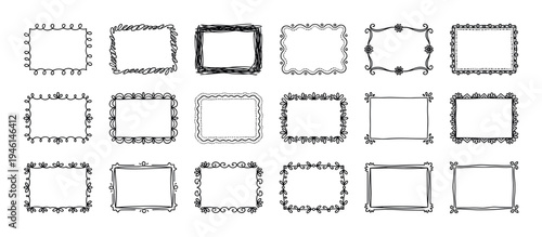 Large collection of hand-drawn doodle frames with various rectangular border designs, including sketchy lines, floral motifs, and whimsical geometric patterns