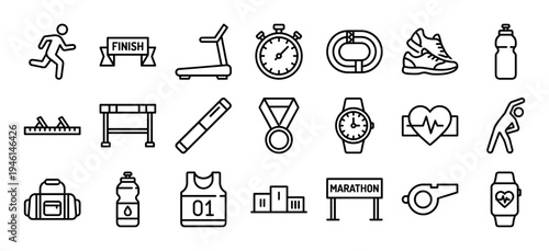Collection of black line art icons representing running, marathon, and athletic competition elements like a stopwatch, medal, treadmill, and finish line banner in a simple vector set