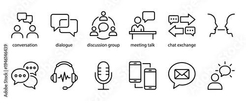 Collection of thin line communication icons showing concepts like conversation, dialogue, group discussion, meetings, and digital messaging with minimalist vector symbols