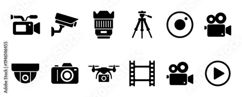 Collection of black silhouette vector icons for photography and videography, featuring various cameras, a drone, lens, tripod, film strip, and a play button symbol
