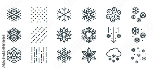 Collection of winter weather line icons featuring various snowflake designs, snowfall, blizzard, and cloud symbols in a minimalist outline style for graphic design elements