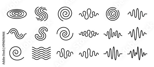 Collection of black minimalist line icons showing abstract shapes like spirals, waves, and ripples to symbolize sound, vibration, aroma, and water flow