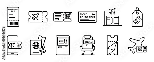 Set of black line art icons representing flight tickets, boarding passes, and airport travel elements for tourism and vacation concepts, including a passport, QR code, and smartphone
