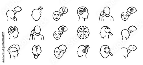 Set of black line icons representing thinking, mental processes, and psychology concepts like ideas, confusion, and problem-solving in a simple minimalist vector style illustration