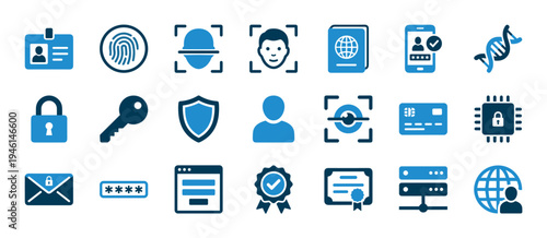 Blue two-tone vector icons for identification and cybersecurity concepts including biometrics, passwords, encryption, and digital identity verification for online access