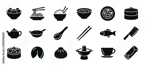 Collection of black Asian food icons featuring dumplings, noodles, rice, soup, teapot, and chopsticks in a simple minimalist glyph style for graphic design elements