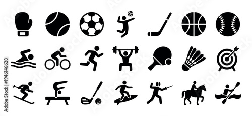 Diverse set of black sport icons representing athletic activities and games like boxing, soccer, swimming, weightlifting, skiing, and fencing in a clean glyph pictogram style
