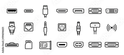 Collection of computer connector line icons including various ports, plugs, and jacks for digital connectivity, presented in a minimalist black outline vector graphic style