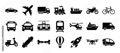 Large set of black transportation icons representing various vehicles for land, air, and sea travel, presented as simple, clean silhouettes in a flat design style