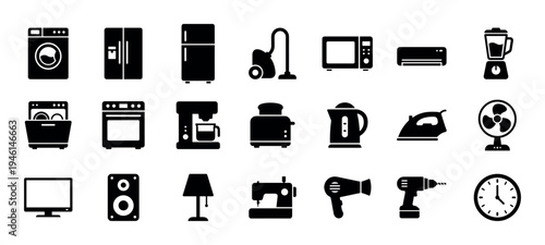 Large collection of black household appliance icons and electronic device glyphs presented in a clean, minimalist silhouette style for various design applications