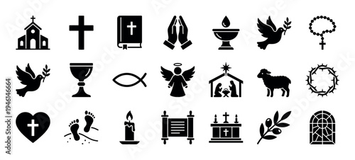 Large collection of black Christian religious icons and symbols representing faith, including a church, cross, bible, dove, nativity scene, chalice, and crown of thorns