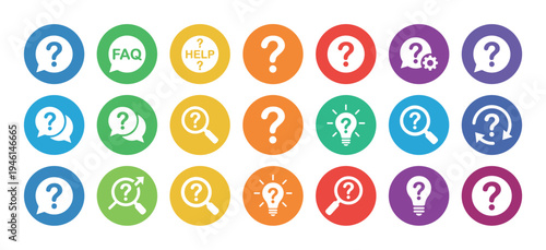 Eighteen vibrant circular icons display question marks, help, FAQ, magnifying glasses, and light bulbs, symbolizing inquiry, support, and problem-solving in a modern flat design