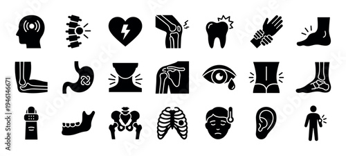 Black glyph icons set of human body parts showing various types of pain, injury, and medical symptoms like headache, joint inflammation, and stomach ache for healthcare concepts