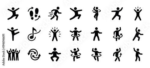 Black silhouette icons of dancing stick figures in a large collection of dynamic poses, showing movement, celebration, and choreography with music notes and footprint symbols