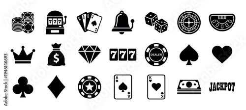 Set of black silhouette casino and gambling icons featuring a slot machine, poker chips, playing cards, dice, roulette wheel, and symbols of luck and winning