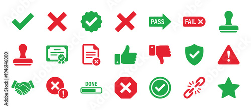 Large collection of green and red approval and rejection icons including checkmarks, crosses, stamps, certificates, and thumbs up for business validation concepts