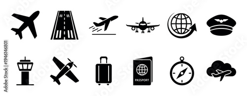 Collection of black minimalist vector icons for air travel and aviation, featuring a plane, passport, luggage, runway, pilot cap, globe, and control tower