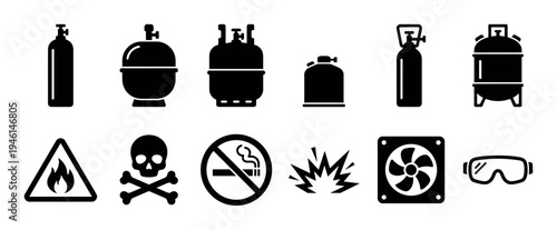 Set of black silhouette icons representing gas cylinders, propane tanks, and industrial safety warning signs for hazardous materials like flammable, toxic, and explosive substances