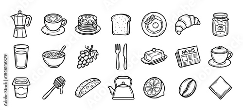 Breakfast food and drink doodle icon set featuring coffee, pancakes, eggs, bacon, and pastry in a simple black and white hand-drawn illustration style for a morning meal