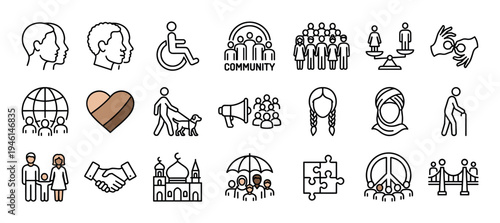 Comprehensive set of line art icons illustrating themes of diversity, community, and social justice, featuring symbols for equality, disability, culture, peace, and global unity