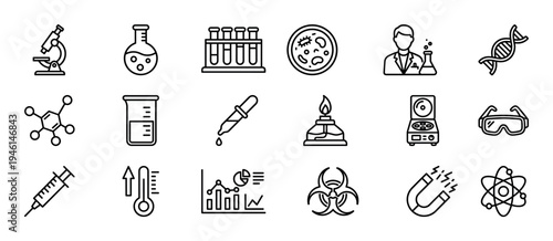 Science and laboratory equipment outline icon set featuring a microscope, flask, DNA helix, atom, biohazard symbol, and other research symbols for chemistry and biology