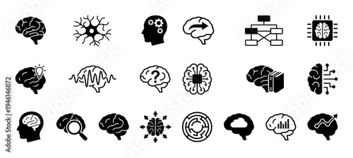 Diverse collection of black brain-themed icons and symbols representing various mental processes, psychology, neuroscience, and artificial intelligence concepts