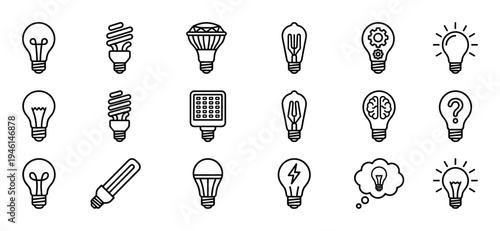 Collection of various light bulb icons in a simple line art style, including incandescent, LED, and fluorescent lamps representing concepts of idea, creativity, and energy