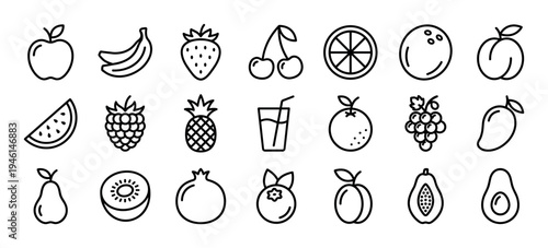Collection of minimalist fruit and berry icons drawn in a simple black outline style, featuring apple, banana, strawberry, cherry, avocado, and other healthy organic food symbols